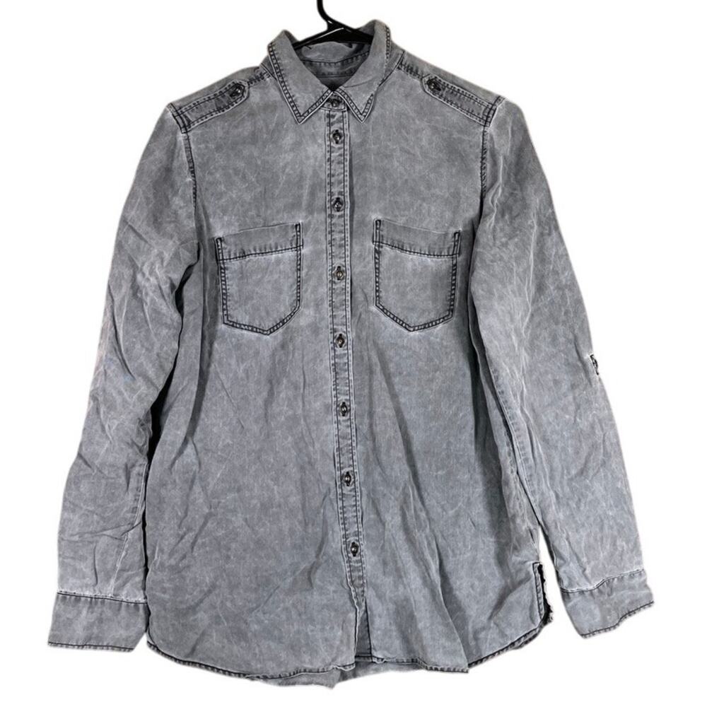 Express Womens Shirt Gray Boyfriend Button Down Roll Tab Sleeve Small